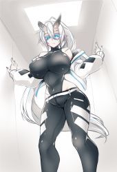 Rule 34 | 1girl, black leotard, black nails, blue eyes, breasts, bright pupils, closed mouth, covered navel, expressionless, facial scar, feet out of frame, fingernails, hair between eyes, hands up, highleg, highleg leotard, highres, horns, huge breasts, jacket, leggings, leotard, long hair, long sleeves, looking at viewer, nail polish, oni, oni horns, open clothes, open jacket, original, pointy ears, ponytail, scar, scar on cheek, scar on face, solo, standing, sub-res, very long hair, white hair, white jacket, white pupils