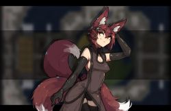 1girl animal_ears bare_shoulders black_dress black_thighhighs breasts china_dress chinese_clothes cleavage commentary dress elbow_gloves english_commentary female_focus flower fox_ears fox_girl fox_tail gloves hair_flower hair_ornament highres kurin_(rimworld) large_breasts multiple_tails rimworld short_hair shuuko_(s_h_uuko) side_slit smile solo tail thighhighs yellow_eyes zettai_ryouiki