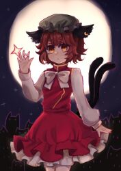 Rule 34 | 1girl, :&lt;, absurdres, animal ears, backlighting, bow, bowtie, brown hair, cat ears, cat tail, chen, chromatic aberration, earrings, flat chest, full moon, gold trim, hand up, hat, highres, jewelry, long sleeves, mob cap, moon, moonlight, multiple tails, nail polish, nekomata, night, red nails, sky, slit pupils, solo, tail, touhou, two tails, v-shaped eyebrows, white bow, white bowtie, yig (517995842)