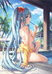 Rule 34 | 1girl, aqua eyes, aqua hair, ass, bare shoulders, bikini, breasts, dangmyo, day, food, food in mouth, halterneck, hatsune miku, highres, holding, holding food, jacket, long hair, off shoulder, pool, poolside, popsicle, popsicle in mouth, shoulder tattoo, sitting, small breasts, solo, string bikini, swimsuit, tattoo, thighs, twintails, very long hair, vocaloid, wet