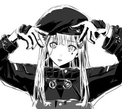 Rule 34 | 1girl, chika (keiin), commentary request, cross hair ornament, double w, girls&#039; frontline, gloves, greyscale, hair ornament, hk416 (girls&#039; frontline), long hair, long sleeves, monochrome, parted lips, pose imitation, sidelocks, simple background, solo, teardrop facial mark, teardrop tattoo, w, white background