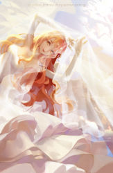 Rule 34 | 1girl, angel, angel wings, armpits, arms up, bare shoulders, breasts, bridal veil, cleavage, cloud, dress, dywx poison, elbow gloves, gloves, highres, light smile, long hair, medium breasts, nami (one piece), one piece, orange eyes, orange hair, solo, veil, very long hair, watermark, web address, wedding dress, white dress, wings