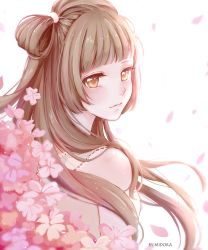 Rule 34 | 10s, 1girl, artist name, blunt bangs, brown eyes, brown hair, cherry blossoms, flower, from behind, grey hair, hair tie, highres, long hair, looking back, love live!, love live! school idol project, midora (gf0289603), minami kotori, one side up, petals, simple background, solo, upper body, yellow eyes