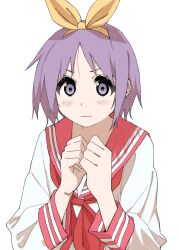 Rule 34 | 1girl, blush stickers, chorohanage, closed mouth, commentary request, hairband, highres, hiiragi tsukasa, long hair, long sleeves, looking at viewer, lucky star, neckerchief, pink neckerchief, purple eyes, purple hair, red sailor collar, ribbon, ryouou school uniform, sailor collar, school uniform, serafuku, short hair, simple background, solo, tareme, upper body, white background, winter uniform, yellow ribbon