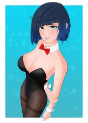 Rule 34 | 1girl, absurdres, alternate costume, black leotard, blue hair, bob cut, bow, braid, breasts, brown pantyhose, cleavage, fishnet pantyhose, fishnets, foreshortening, genshin impact, gradient background, green eyes, highres, leotard, looking at viewer, mole, mole on breast, multicolored hair, pantyhose, parted lips, playboy bunny, red bow, short hair, simple background, single braid, solo, strapless, strapless leotard, thighs, two-tone hair, yelan (genshin impact)