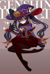 Rule 34 | absurdres, black pantyhose, blue eyes, breasts, closed mouth, earrings, english text, genshin impact, hat, highres, iwasawayuki, jewelry, legs, medium breasts, mona (genshin impact), pantyhose, purple hair, thighs, twintails, witch hat