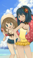 Rule 34 | 00s, 2girls, aircraft, airplane, alternate costume, beach, bikini, bikini top only, blue eyes, blue hair, breasts, brown hair, cellphone, child, cleavage, cloud, contrail, cowboy hat, creatures (company), dawn (pokemon), day, flower, frills, game freak, hair ornament, hand on own hip, hat, innertube, long hair, lowres, may (pokemon), medium breasts, multiple girls, nintendo, one-piece swimsuit, one eye closed, open mouth, panties, pantyshot, phone, pokemon, pokemon dppt, pokemon rse, ponytail, sasairebun, short hair, short shorts, shorts, smile, standing, star (symbol), swim ring, swimsuit, underwear, wink