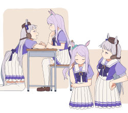 Rule 34 | 2girls, animal ears, aqua ribbon, blue ribbon, bow, chair, closed eyes, coldcat., commentary request, ear ribbon, gold ship (umamusume), grey hair, hand on own hip, highres, horse ears, horse girl, horse tail, kneeling, long hair, looking at another, mejiro mcqueen (umamusume), multiple girls, on chair, open mouth, pleated skirt, purple hair, ribbon, school uniform, short sleeves, sitting, skirt, table, tail, thighhighs, tracen school uniform, umamusume, white skirt, white thighhighs