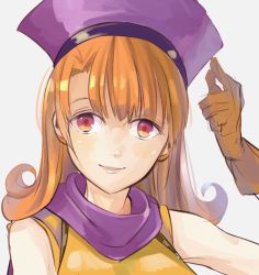 Rule 34 | 1girl, alena (dq4), breasts, cape, chil0107, commentary request, curly hair, dragon quest, dragon quest iv, gloves, hat, long hair, looking at viewer, orange hair, red eyes, simple background, smile, solo, tokuhonnti ru