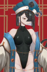 Rule 34 | 1girl, absurdres, bare shoulders, black hair, black leotard, blue headwear, breasts, chinese clothes, cloak, closed mouth, fate/grand order, fate (series), hair between eyes, hair ornament, hair over one eye, hair stick, head tilt, highres, leotard, long sleeves, looking at viewer, medium hair, mole, mole under eye, navel, one eye covered, open cloak, open clothes, small breasts, solo, straight hair, sudako (dai011305), white cloak, xu fu (fate), yellow eyes