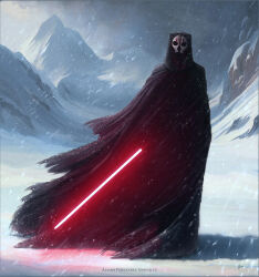 Rule 34 | 1boy, alvaro fernandez gonzalez, artist name, black robe, darth nihilus, energy sword, highres, holding lightsaber, hooded robe, lightsaber, looking at viewer, mask, mountainous horizon, outdoors, red lightsaber, robe, sith, snowing, solo, star wars, star wars: knights of the old republic, sword, weapon