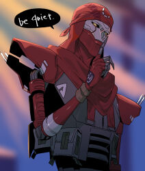 Rule 34 | 1boy, animification, apex legends, bandana, black sclera, blurry, blurry background, classic revenant, colored sclera, english text, finger to mouth, glowing, glowing eyes, humanoid robot, male focus, mizu cx, orange eyes, red bandana, red scarf, revenant (apex legends), robot, scarf, science fiction, shushing, simulacrum (titanfall), solo, upper body