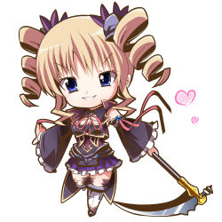Rule 34 | &gt;:d, 1girl, :d, black sleeves, blonde hair, blue eyes, breasts, cleavage, cleavage cutout, clothing cutout, commentary request, detached sleeves, drill hair, frilled skirt, frilled sleeves, frills, full body, hair ornament, heart, highres, holding, holding weapon, koihime musou, long hair, looking at viewer, neck ribbon, nenko, open mouth, pleated skirt, purple skirt, red ribbon, ribbon, scythe, sidelocks, skirt, smile, solo, sousou (koihime musou), standing, teeth, v-shaped eyebrows, weapon, white background, white legwear, wide sleeves