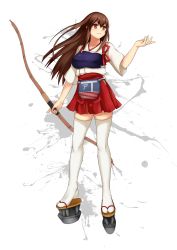 Rule 34 | 10s, 1girl, absurdres, akagi (kancolle), arrow (projectile), blush, bow (weapon), breasts, brown eyes, brown hair, clog sandals, closed mouth, flight deck, full body, hair between eyes, hakama, hakama short skirt, hakama skirt, highres, holding, holding bow (weapon), holding weapon, japanese clothes, kantai collection, light smile, long hair, looking away, medium breasts, miniskirt, muneate, nontraditional miko, okobo, red skirt, sandals, skirt, solo, standing, straight hair, tachi-e, tasuki, thighhighs, weapon, white background, white thighhighs, wide sleeves, yashichii, yumi (bow), zettai ryouiki