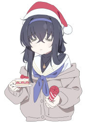 Rule 34 | 1girl, absurdres, black hair, blue archive, cake, cardigan, christmas, christmas ornaments, closed eyes, food, fruit, fur-trimmed headwear, fur trim, hat, highres, holding, long hair, long sleeves, ochiaki, party popper, pom pom (clothes), red hat, sailor collar, santa hat, simple background, sleeves past wrists, solo, strawberry, strawberry shortcake, ui (blue archive), white background