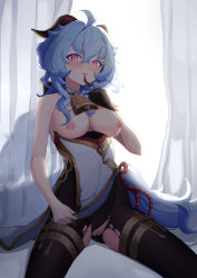 Rule 34 | absurdres, ahoge, aoaoaoao (baiyanheibing), bell, biting, black legwear, blue hair, blush, breasts, chinese knot, clothes lift, come hither, flower knot, ganyu (genshin impact), genshin impact, glove biting, gloves, gold trim, highres, horns, indoors, inverted nipples, lactation, lifting own clothes, long hair, looking at viewer, medium breasts, naughty face, neck bell, nipples, nose blush, purple eyes, pussy, sidelocks, single glove, sitting, sleeveless, smile, solo, thighlet, torn clothes, torn legwear, very long hair, wariza