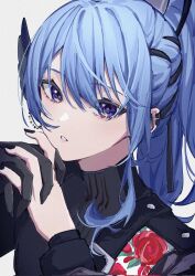 Rule 34 | 1girl, black gloves, black nails, blue eyes, blue hair, commentary, ear piercing, floral print, gloves, grey background, hair ribbon, highres, hololive, hoshimachi suisei, hoshimachi suisei (shout in crisis), mirai99, official alternate costume, official alternate hairstyle, piercing, ponytail, ribbon, simple background, single glove, solo, star (symbol), star in eye, symbol in eye, virtual youtuber