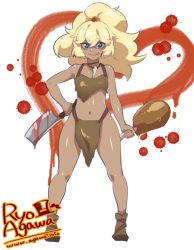 Rule 34 | 1girl, agawa ryou, artist name, bad id, bad tumblr id, bare hips, bare shoulders, blonde hair, blue eyes, boned meat, cleaver, dark-skinned female, dark skin, food, jewelry, knife, long hair, meat, midriff, navel, necklace, pelvic curtain, ponytail, solo, tongue, tongue out, tooth necklace, watermark, web address