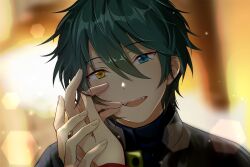 Rule 34 | 1boy, 1other, absurdres, blue eyes, blurry, blurry background, ensemble stars!, fingernails, green hair, hair between eyes, hand grab, hand on another&#039;s face, hand up, heterochromia, highres, kagehira mika, long sleeves, looking at viewer, o724 fa, open mouth, out of frame, short hair, smile, teeth, upper teeth only, yellow eyes
