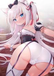 Rule 34 | 1girl, animal ears, annoyed, ass, azur lane, bare shoulders, blue eyes, blush, bow, breasts, cameltoe, cat ears, embarrassed, from behind, garter straps, hair bow, hair ribbon, hammann (azur lane), huge ass, kokonoki nao, long hair, looking at viewer, looking back, panties, ribbon, shiny clothes, shiny skin, sideboob, silver hair, small breasts, solo, thighhighs, underwear, very long hair, wrist cuffs
