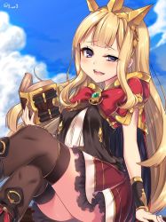 Rule 34 | 10s, 1girl, arm support, bad id, bad twitter id, black thighhighs, blonde hair, blush, book, bow, cagliostro (granblue fantasy), cape, cloud, crossed legs, crown, day, granblue fantasy, highres, holding, holding book, long hair, looking at viewer, navy (navy.blue), open book, open mouth, purple eyes, red bow, sitting, skirt, sky, solo, squinting, thighhighs, twitter username, very long hair