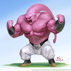 Rule 34 | 1boy, antennae, artist name, black sclera, clenched hands, colored sclera, colored skin, dragon ball, dragonball z, full body, in-hyuk lee, majin buu, male focus, muscular, muscular male, open mouth, pants, pink skin, red eyes, sharp teeth, signature, solo, super buu, teeth, veins, watermark, web address, white pants