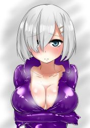 Rule 34 | 10s, 1girl, alternate costume, ayuayu (shouyu no sato), blue eyes, blush, breast rest, breasts, cleavage, female focus, gloves, grey background, hair ornament, hair over one eye, hairclip, hamakaze (kancolle), kantai collection, latex, latex suit, looking at viewer, personification, shiny clothes, shiny skin, short hair, silver hair, solo