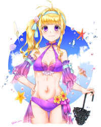 Rule 34 | 1girl, absurdres, bikini, blonde hair, breasts, clarine (fire emblem), cleavage, fire emblem, fire emblem: the binding blade, hand on own hip, highres, holding, holding umbrella, looking at viewer, nintendo, parasol, ponytail, purple bikini, purple eyes, seashell, shell, small breasts, smile, solo, starfish, swimsuit, tsukimura (d24f4z8j3t), umbrella