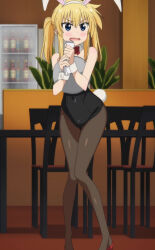 Rule 34 | 1girl, alcohol, animal ears, bare shoulders, black pantyhose, blonde hair, blue eyes, blush, bottle, chair, detached collar, dot nose, embarrassed, fake animal ears, fake tail, fang, female focus, flesh fang, heels, highres, holding, holding paper, holding tray, indoors, leotard, long hair, long legs, long riders!, open mouth, pantyhose, paper, plant, playboy bunny, rabbit ears, rabbit tail, restaurant, saijou hinako, solo, standing, stitched, tail, third-party edit, tray, wrist cuffs