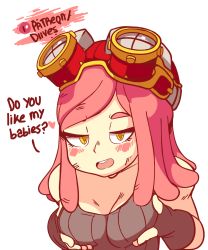 Rule 34 | 10s, 1girl, animated, animated gif, artist name, bare shoulders, black gloves, black shirt, blush, boku no hero academia, breast hold, breasts squeezed together, breasts, cleavage, collarbone, diives, english text, female focus, fingerless gloves, gloves, goggles, goggles on head, half-closed eyes, hands up, hatsume mei, heart, highres, looking at viewer, medium breasts, open mouth, patreon logo, patreon username, pink hair, shirt, sleeveless, sleeveless shirt, smile, solo, spoken heart, talking, teeth, text focus, upper body, yellow eyes