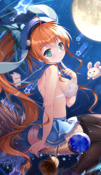 Rule 34 | 1girl, bare shoulders, bell, blue headwear, blue sailor collar, blue skirt, blush, bra, breasts, broom, broom riding, clothes lift, commentary, english commentary, green eyes, hair ornament, hand on own chin, highres, large breasts, long hair, looking at viewer, mikeou, moon, no shirt, orange hair, original, panties, pantyshot, rabbit, sailor collar, sitting, skirt, skirt lift, solo, thighhighs, underwear, white bra, white panties