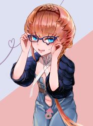 Rule 34 | 1girl, absurdres, belt, belt buckle, black sleeves, blue eyes, blue overalls, blush, braid, brown hair, buckle, clothing cutout, crown braid, fang, fate/grand order, fate (series), flat chest, glasses, hands up, heart, highres, looking back, navel, navel cutout, overalls, puffy short sleeves, puffy sleeves, shimogamo (shimomo 12), short sleeves, side braid, solo, sweatdrop, tongue, van gogh (fate), zipper pull tab