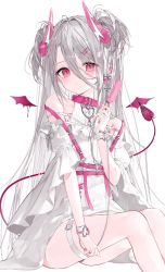 Rule 34 | 1girl, bad id, bad twitter id, bare shoulders, chain, closed mouth, collar, commission, demon tail, demon wings, dress, earrings, food, hair between eyes, highres, holding, horns, ice cream, jewelry, long hair, looking at viewer, original, pink horns, pointy ears, red eyes, ribbon, simple background, single earring, sitting, skeb commission, solo, suashi, tail, white background, white dress, white hair, wings