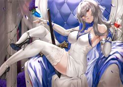 Rule 34 | 1girl, absurdres, alcohol, anklet, azur lane, between legs, blue bow, bow, bra, breasts, bug, butterfly, chair, cleavage, collarbone, covered navel, crossed bangs, cup, curtains, dress, drinking glass, elbow gloves, fingerless gloves, flower, full body, gloves, hair between eyes, hair ribbon, head tilt, high heels, highres, holding, holding cup, insect, jewelry, lace, lace-trimmed bra, lace-trimmed legwear, lace trim, lost-phews, mole, mole on breast, necktie, official alternate costume, open mouth, petals, pillar, purple flower, purple rose, ribbon, rose, saint-louis (azur lane), saint-louis (holy knight&#039;s resplendence) (azur lane), saint-louis (holy knight&#039;s resplendence) (azur lane), silver hair, sitting, solo, stiletto heels, thighhighs, thighs, underwear, weapon, white dress, wine, wine glass