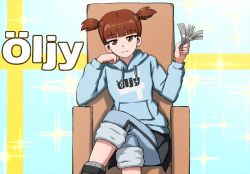 Rule 34 | 1girl, adapted uniform, afterimage, ankle boots, armchair, blue footwear, blue pants, blue shirt, blue skirt, boots, chair, closed mouth, commentary, crossed legs, diffraction spikes, drawstring, elbow rest, finnish text, flag background, frown, girls und panzer, grey socks, hair tie, half-closed eyes, head rest, head tilt, highres, holding, hood, hoodie, keizoku military uniform, long sleeves, looking at viewer, mikko (girls und panzer), military, military uniform, miniskirt, money, omachi (slabco), pants, pants rolled up, pants under skirt, pleated skirt, red eyes, red hair, shirt, short hair, short twintails, sitting, skirt, socks, solo, sparkle, swedish flag, track pants, translation request, twintails, uniform