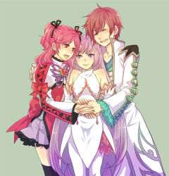 Rule 34 | 1boy, 2girls, 9wa, alternate costume, alternate hairstyle, asbel lhant, brown hair, cheria barnes, detached sleeves, closed eyes, holding hands, long coat, multiple girls, official alternate costume, pink hair, purple eyes, purple hair, purple skirt, red eyes, skirt, sophie (tales), tales of (series), tales of graces, thighhighs