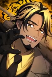 Rule 34 | 1boy, :d, bad id, bad pixiv id, beard, black gloves, black hair, black necktie, black vest, blonde hair, brown jacket, chinese zodiac, choco (chocovix112), collared shirt, commentary request, facial hair, fang, gloves, hand up, highres, jacket, long sleeves, looking at viewer, male focus, military, military vehicle, motor vehicle, multicolored hair, necktie, open mouth, original, parted bangs, shirt, smile, solo, streaked hair, tank, thick eyebrows, tiger, tiger ii, upper body, vest, year of the tiger, yellow eyes, yellow shirt
