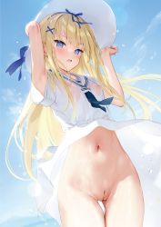 Rule 34 | 1girl, absurdres, adjusting clothes, adjusting hat, armpits, arms up, blonde hair, blue eyes, blunt bangs, blush, bottomless, breasts, clothes lift, dress, dress lift, from below, hair ornament, hair ribbon, hat, highres, long hair, long image, looking at viewer, melonbooks, mignon, navel, nipples, no bra, no panties, open mouth, original, outdoors, pussy, ribbon, sailor dress, see-through, short sleeves, sky, small breasts, solo, standing, tall image, thigh gap, third-party edit, uncensored, very long hair, water drop, wet, wet clothes, wet dress, white dress, wind, wind lift, x hair ornament
