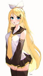 Rule 34 | 1girl, :o, absurdres, aged up, alternate hair length, alternate hairstyle, bare shoulders, black sailor collar, black skirt, black sleeves, black thighhighs, blonde hair, blue eyes, breasts, cowboy shot, detached sleeves, future style (module), hair ornament, hair ribbon, hairclip, highres, kagamine rin, large breasts, long hair, looking at viewer, miniskirt, necktie, open mouth, pleated skirt, ribbon, sailor collar, shirt, sidelocks, signature, simple background, skirt, sleeveless, sleeveless shirt, sleeves past wrists, solo, standing, tananuki, thighhighs, very long hair, vocaloid, white background, white ribbon, white shirt, wide sleeves, yellow necktie, zettai ryouiki
