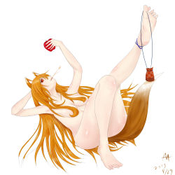 Rule 34 | 10s, 1girl, 2013, absurdres, animal ears, apple, barefoot, between toes, breasts, censored, convenient censoring, convenient leg, dated, feet, female focus, food, fox ears, fox tail, fruit, full body, highres, holo, long hair, lying, nude, on back, pouch, red eyes, signature, soles, solo, spice and wolf, tail, toes, wheat, white background, wolf ears, wolf tail