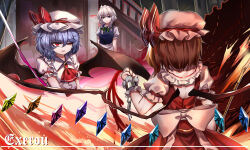 Rule 34 | 3girls, absurdres, ascot, bat wings, blonde hair, braid, commentary, commentary request, crystal, english commentary, flandre scarlet, grey hair, hat, hat ribbon, highres, indoors, izayoi sakuya, looking at another, maid, medium hair, mixed-language commentary, mob cap, multiple girls, one eye closed, one side up, purple hair, red ascot, red eyes, red ribbon, red vest, remilia scarlet, ribbon, shirt, short hair, short sleeves, siblings, side braids, signature, sisters, stairs, top-exerou, touhou, twin braids, vest, white headwear, white shirt, wings, wrist cuffs