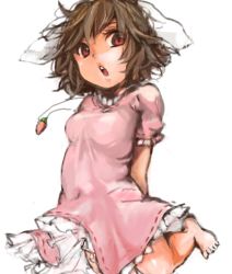 Rule 34 | 1girl, animal ears, bad id, bad pixiv id, barefoot, brown hair, carrot, carrot necklace, dress, female focus, inaba tewi, jewelry, jumping, kiguchiko, messy hair, necklace, open mouth, pendant, rabbit ears, red eyes, simple background, sketch, solo, touhou