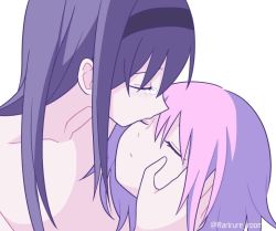 Rule 34 | 2girls, akemi homura, alternate hairstyle, black hair, black hairband, blush, close-up, closed eyes, closed mouth, collarbone, crying, expressionless, eyelashes, hair down, hairband, hand on another&#039;s face, hand on another&#039;s head, kaname madoka, kiss, kissing eye, long hair, mahou shoujo madoka magica, mahou shoujo madoka magica (anime), medium hair, messy hair, multiple girls, nude, parted lips, pink hair, pokki (sue eus), profile, sad, simple background, tears, twitter username, unconscious, upper body, white background, yuri