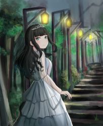 Rule 34 | 1girl, absurdres, aqua eyes, artist name, artist request, bare shoulders, black hair, blush, breasts, collarbone, curly hair, dress, female focus, green eyes, heart, heart necklace, highres, jewelry, kurosawa dia, light, long hair, looking at viewer, looking back, love live!, love live! school idol festival, love live! sunshine!!, medium breasts, mole, mole under mouth, necklace, outdoors, parted lips, perfect sekai, shuzuta, sideboob, skirt, smile, solo, stairs, tiara, wedding dress, white detached collar, white dress, white first love, white skirt