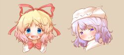 Rule 34 | 2girls, arinu, blonde hair, blue eyes, blush, bow, brown background, closed mouth, commentary request, hair between eyes, hair ribbon, hat, letty whiterock, light purple hair, medicine melancholy, multiple girls, open mouth, portrait, red bow, red ribbon, ribbon, short hair, simple background, smile, touhou, white headwear