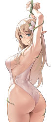Rule 34 | 1girl, armpits, arms up, ass, blonde hair, blue eyes, breasts, closed mouth, commentary request, elf, flower, hair between eyes, hair flower, hair ornament, highres, kekemotsu, long hair, looking at viewer, medium breasts, original, pointy ears, restrained, sideboob, simple background, solo, wedgie, white background
