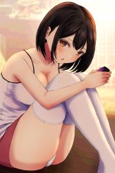 Rule 34 | 1girl, absurdres, ass, bare shoulders, black hair, blush, bob cut, brandkojo, breasts, brown eyes, camisole, cleavage, collarbone, commentary, controller, game controller, highres, holding, holding controller, holding game controller, hugging own legs, joy-con, large breasts, looking at viewer, miniskirt, no bra, no shoes, on floor, original, panties, pantyshot, punishment game, red skirt, short hair, sitting, skirt, solo, spaghetti strap, thighhighs, thighs, underwear, upskirt, white camisole, white panties, white thighhighs, wooden floor