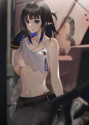 Rule 34 | 1girl, ahoge, arknights, black gloves, black hair, black pants, blue eyes, blue hair, breasts, cleavage, commentary, crop top, crop top lift, eunectes (arknights), eunectes (forgemaster) (arknights), gloves, highres, holding, holding wrench, id card, large breasts, looking at viewer, medium breasts, multicolored hair, navel, official alternate costume, open mouth, pants, pointy ears, raitho, shirt, solo, two-tone hair, underboob, white shirt, wrench