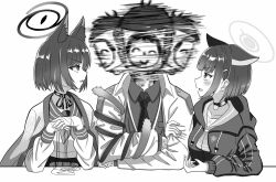 Rule 34 | 1boy, 2girls, afterimage, animal ears, blue archive, blush, cat&#039;s cradle, cat ears, cat tail, choker, commentary request, doodle sensei (blue archive), girl sandwich, greyscale, halo, haori, highres, hood, hooded jacket, jacket, japanese clothes, kazuri (keiwa-san yu-ki380), kazusa (blue archive), kikyou (blue archive), locked arms, meme, monochrome, motion blur, motion lines, multiple girls, paper on head, parody, profile, ribbon choker, sandwiched, school uniform, sensei (blue archive), serafuku, short hair, simple background, tail, tail wrap, the weaker sex 1 (gibson), v-shaped eyebrows