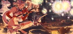 Rule 34 | 2022, 2girls, arknights, china dress, chinese clothes, dragon, dragon girl, dragon horns, dragon tail, dress, dusk (arknights), fireworks, flame-tipped tail, happy new year, highres, horns, kikan (kikanoe), multiple girls, new year, nian (arknights), nian (unfettered freedom) (arknights), official alternate costume, siblings, sisters, tail
